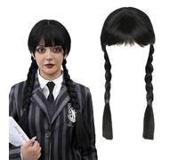 Parrucca Mercoledi Addams Bambina, Parrucca Mercoledi Addams, Parrucca Mercoledì Bambina, Parrucca Nera Trecce per Cosplay Party Halloween Carnevale