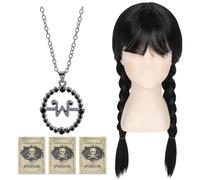 Parrucca Mercoledì Nero Trecce Bambina Donna,Mercoledì Parrucca con W-Collana e 3 Cranio Adesivi per Carnevale Halloween Cosplay Festival