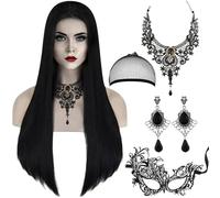 Parrucca Mercoledi, Parrucca Nera Lunga, con Collana Gotica, Orecchini e Maschera di Pizzo, Mercoledi Costume per Cosplay Halloween Carnevale Party
