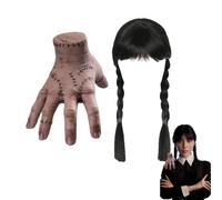 Parrucca Mercoledì, Wig Intrecciate Nere con Frangia, per ragazze donne, con un Mano Mercoledì, adatta come accessorio per Cosplay, Feste Horror e Carnevali