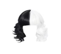 Parrucca mezza nera bianca con frangia for donne e ragazze, corta, riccia e ondulata, for Halloween, cosplay, feste in costume