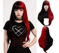 Parrucca mezza nera e metà rossa 61 cm lunga dritta nera rossa parrucca con cappuccio per Halloween costume festa cosplay