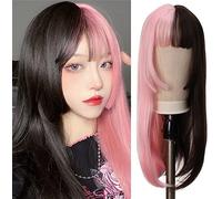 Parrucca mezza rosa e nera con frangia, parrucca lunga e dritta per cosplay di anime da donna, parrucca sintetica resistente al calore, parrucca per Halloween, cosplay e feste
