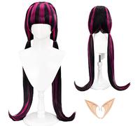 Parrucca mista nera e rosa con frangia, orecchie da elfo e cappuccio gratuito, in fibra sintetica resistente al calore, per Halloween, feste a tema e appassionati di anime, 80 cm