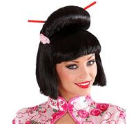 Parrucca, Modello Geisha con Fiore e Bacchette, Nero