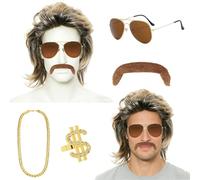 Parrucca Mullet,5 Pezzi Parrucca Uomo Bionda Mullet Anni '80,Parruccas Occhiali da Sole Collana Barba Finta,Parruccas Taglio Mullets,per Carnevali,Feste,Costumi di Halloween