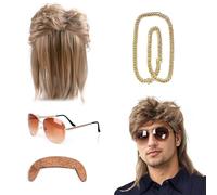Parrucca Mullet,Parrucca Uomo Bionda Mullet Anni '80,Mullet Parrucca,Parrucca Occhiali da Sole Collana Barba Finta,Parrucca Taglio Mullet,Hippie Accessori per Carnevale Halloween.