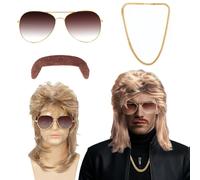 Parrucca Mullet Uomo Costume Hippie Cosplay Mullet, Gold Parrucca Occhiali da Sole Collana Barba Finta, 70s 80s Hippie Lunghi Cosplay Parrucca di Retro Disco Parrucche Costume per Halloween Tema