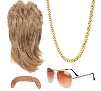Parrucca Mullet Uomo Parrucca Hippie Parrucca Ryan,Parrucca Uomo Bionda Mullet 80s 90s, Parrucca Occhiali da Sole Collana Barba Finta, Hippie Accessori per Carnevale Halloween Costume