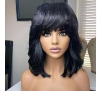 Parrucca naturale per capelli umani taglio nero a strati con frangia capelli Remy brasiliani senza colla piena macchina del cuoio capelluto parrucca corta Bob 14 pollici (200density)