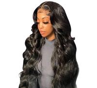 Parrucca nera capelli umani da 24 pollici con onda corpo parrucca anteriore, pre-sconvolta e gluta per un look naturale