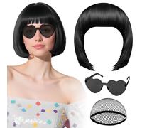 Parrucca nera con occhiali da sole a forma di cuore e cuffia per capelli da donna, PLULON Parrucche corte sintetiche colorate divertenti per cosplay, addii al nubilato, festa in costume di Halloween