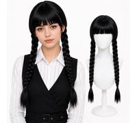Parrucca nera da donna e ragazza, con frangia, capelli lunghi, per cosplay | Parrucca nera con due lunghe trecce intrecciate e frangia, ideale per cosplay, Halloween, carnevale e feste a tema