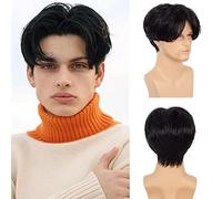Parrucca nera da uomo Parrucca corta per cosplay con parte centrale Parrucca sintetica per Halloween con cappuccio per parrucca