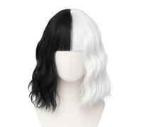 Parrucca nera e bianca con capelli ricci a caschetto con frangia, per donna | 30 cm, corto e lungo alle spalle, capelli sintetici resistenti al calore, ideale per l'uso quotidiano e feste di Halloween