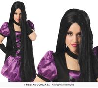 Parrucca nera EXTRA lunga Carnevale Halloween Strega Morticia Teatro Mercoledì