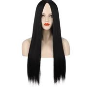 Parrucca nera liscia for donna, parrucche sintetiche lunghe con riga centrale for feste, costumi di Halloween, uso quotidiano