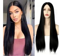 Parrucca Nera Lunga E Diritta - Capelli Sintetici Resistenti Al Calore, Da Indossare Ogni Giorno Adatti A Tutte Le Forme Del Viso