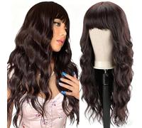Parrucca Nera Lunga Ondulata Con Frangia, Capelli Sintetici Resistenti Al Calore, Riccia Dall'aspetto Naturale For Le Donne, Adatta A Tutte Forme(D)