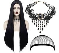 Parrucca Nera Lunga, Parrucca Lunga Nera Diritta, Collana Gotica, Parrucca Naturale Dritto per Donna, per Halloween Carnevale Cosplay