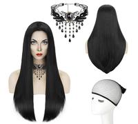Parrucca Nera Lunga, Parrucca Nera per Halloween, Parrucca Lunga Nera Diritta, Collana Gotica, Parrucca Mercoledi Addams, Parrucca Nera Naturale Dritto per Donna, per Halloween Carnevale Cosplay