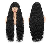 Parrucca nera lunga riccia da donna, parrucca ricci in fibra sintetica sintetica con frangia per donne, 76 cm, ondulata nera sintetica con frangia per donne