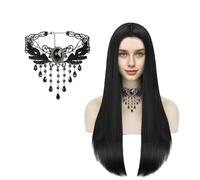 Parrucca nera lunga Wednesday Costume da donna Morticia Addams Costume parrucca nera collana gotica accessori costume parrucca strega per cosplay, Halloween, carnevale e feste a tema