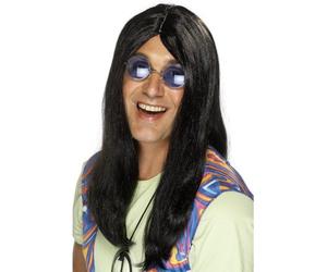 Parrucca Nera Lungo Hippie Neil 1960s 70's Adulti Accessorio Vestito Hippy