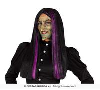 Parrucca nera meches lunga Carnevale Halloween Strega Morticia Teatro Mercoledì
