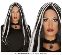 Parrucca nera meches lunga Carnevale Halloween Strega Morticia Teatro Mercoledì