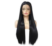 Parrucca nera naturale for donna, parrucche lunghe e lisce in pizzo frontale, sintetiche, morbide e setose, alla moda, for tutti i giorni(16inch)