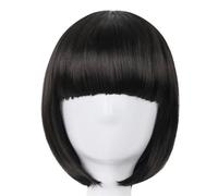 Parrucca nera sintetica resistente al calore Fei-Show con capelli corti e frangia piatta, per spettacoli moderni, cosplay, Halloween, carnevale, nero naturale, 12 POLLICI