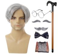 Parrucca nonno e baffi set - Costume del vecchio per Halloween | Parrucca da uomo anziano con barba, sopracciglia e canna gonfiabile | Outfit di cosplay per adulti e adolescenti | Disguising divertent