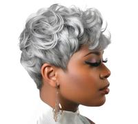Parrucca ondulata grigia da donna, capelli corti e ricci, in fibra sintetica, versatile per diverse occasioni