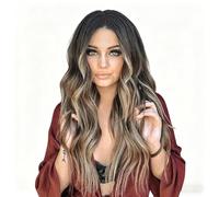 Parrucca ondulata lunga bionda marrone scuro, parte centrale con capelli sintetici evidenziati, ricci dall'aspetto naturale for le donne, adatta a tutte le forme