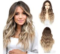 Parrucca Ondulata Lunga Con Ombre Marrone Chiaro, Capelli Sintetici Resistenti Al Calore Parte Centrale, Ricci Dall'aspetto Naturale For L'uso Quotidiano