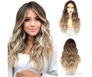 Parrucca Ondulata Lunga Con Ombre Marrone Chiaro, Capelli Sintetici Resistenti Al Calore Parte Centrale, Ricci Dall'aspetto Naturale For L'uso Quotidiano