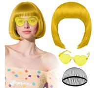 Parrucca Oro con occhiali da sole a cuore e cuffia per capelli da donna, PLULON Parrucche corte sintetiche colorate divertenti per cosplay per donne e uomini Addio al nubilato Halloween