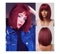 Parrucca, Parrucca da donna in stile europeo e americano con frangia ordinata, copricapo in fibra chimica for capelli corti, sfumatura grigia(Burgundy)