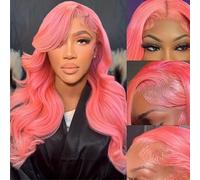 Parrucca, Parrucca frontale in pizzo blu oceano for donna con un'attaccatura dei capelli ondulata alla moda e densità del 180%(Pink,18 Inch)