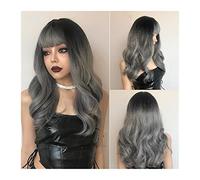Parrucca Parrucca grigia di Ombre con la parrucca grigia di Ombre di Bangs lunga con le parrucche lunghe della radice nera Parrucche lunghe for le donne Parrucche ondulate sintetiche resistenti al cal