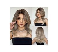 Parrucca, Parrucca in fibra chimica con capelli medio lunghi e micro-roll con frangia francese Eversion micro-split nuova sfumatura. Testa piena(Gradient Gold)