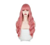 Parrucca Parrucca lunga rosa pastello con frangia, parrucche sintetiche lunghe rosa chiaro for donna Parrucca rosa ondulata Parrucche da festa for uomo Donne