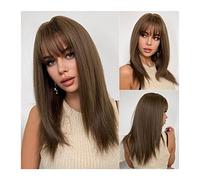 Parrucca Parrucche dritte con bottiglie sintetiche parrucche lunghe mediose for le donne parrucca marrone rettilineo con fibra di calore Bangs fibra termica naturale in cerca di partito giornaliero Pa