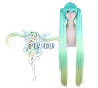 -Parrucca per cosplay anime cosplay parrucca verde sfumato 2 code di cavallo cuffia per parrucca Vocaloid Hatsune Miku auto da corsa cosplay anime parrucca piena lunga diritta 120 cm cappuccio