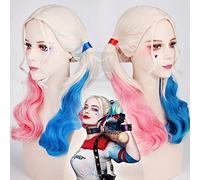 -Parrucca per cosplay gratuita cuffia per capelli + parrucca Suicide Squad Harley Quinn parrucca rosa e blu parrucca cosplay capelli ricci lunghi Quinn code di cavallo colorate