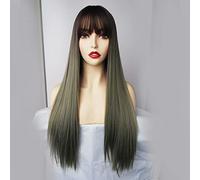 -Parrucca per cosplay Parrucca cosplay anime Parrucche sintetiche lunghe diritte con frangia Parrucche naturali grigio blu scuro per donne nere Parrucche cosplay Parrucche in fibra resistente al