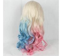 -Parrucca per cosplay Parrucca Harley Quinn Cosplay Biondo bianco 60 Ombre Metà rosa/metà blu Parrucche anteriori in pizzo per donne Parrucche sintetiche a onda lunga Drag Queen 24 pollici