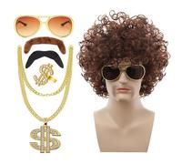 Parrucca per costume anni '70, parrucca riccia da uomo, costume da discoteca anni '70, set completo da 6 pezzi per costume hippie anni '60 per Halloween