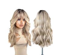 Parrucca Per Donna 100% Natural Looking Fringe Wig Dark Roots Synthetic Lace Wigs for Women Ash Honey Blonde Glueless with Bangs Wear(22INCHES)